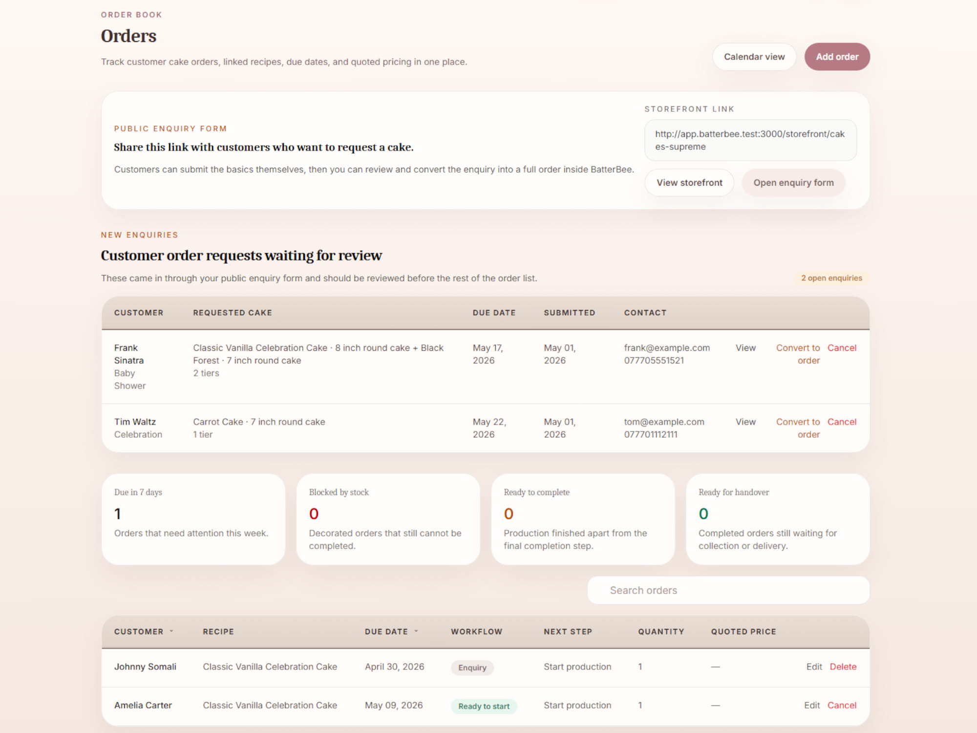 BatterBee orders and customer workflow screen
