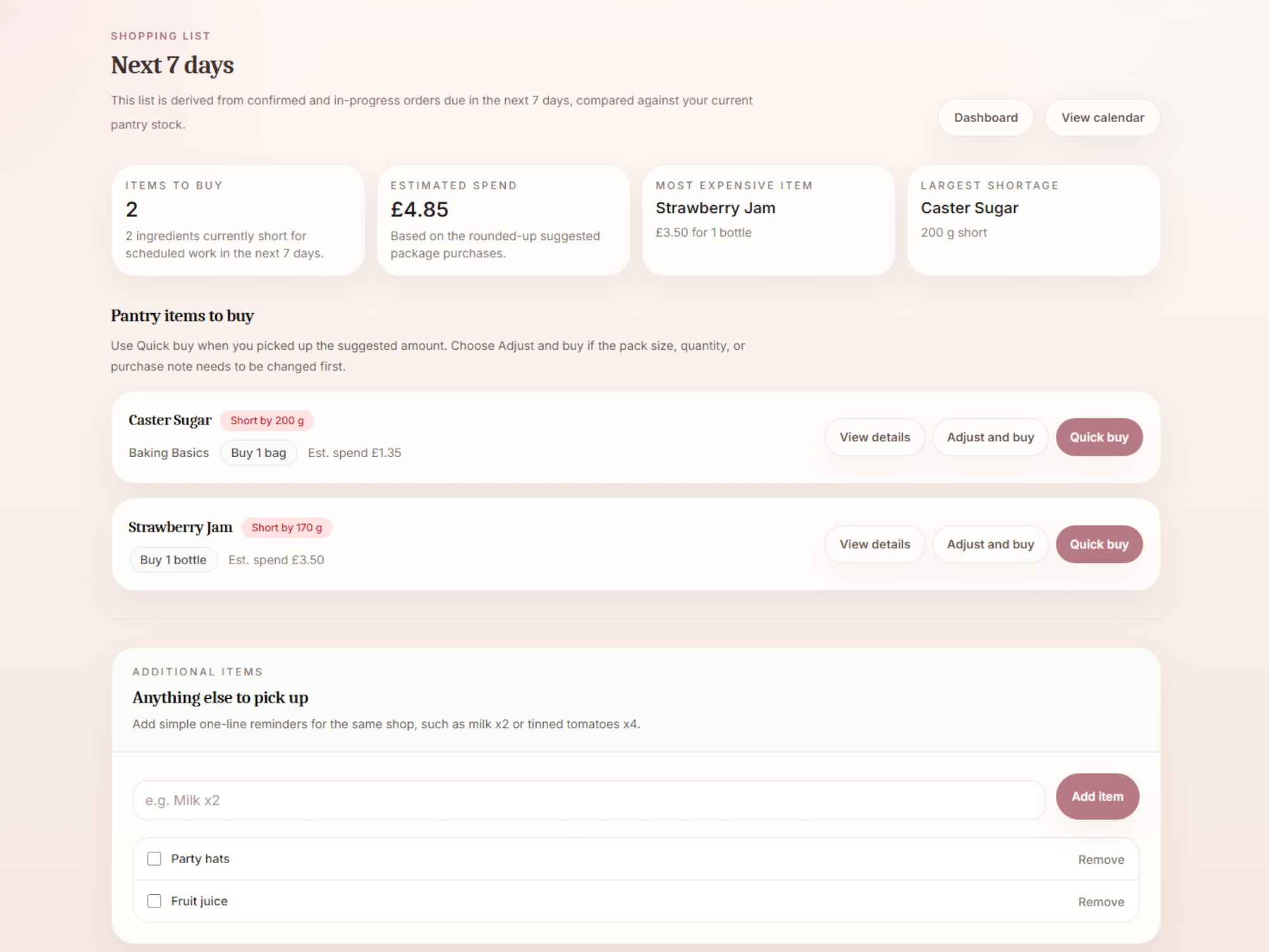 BatterBee pantry and shopping planning screen