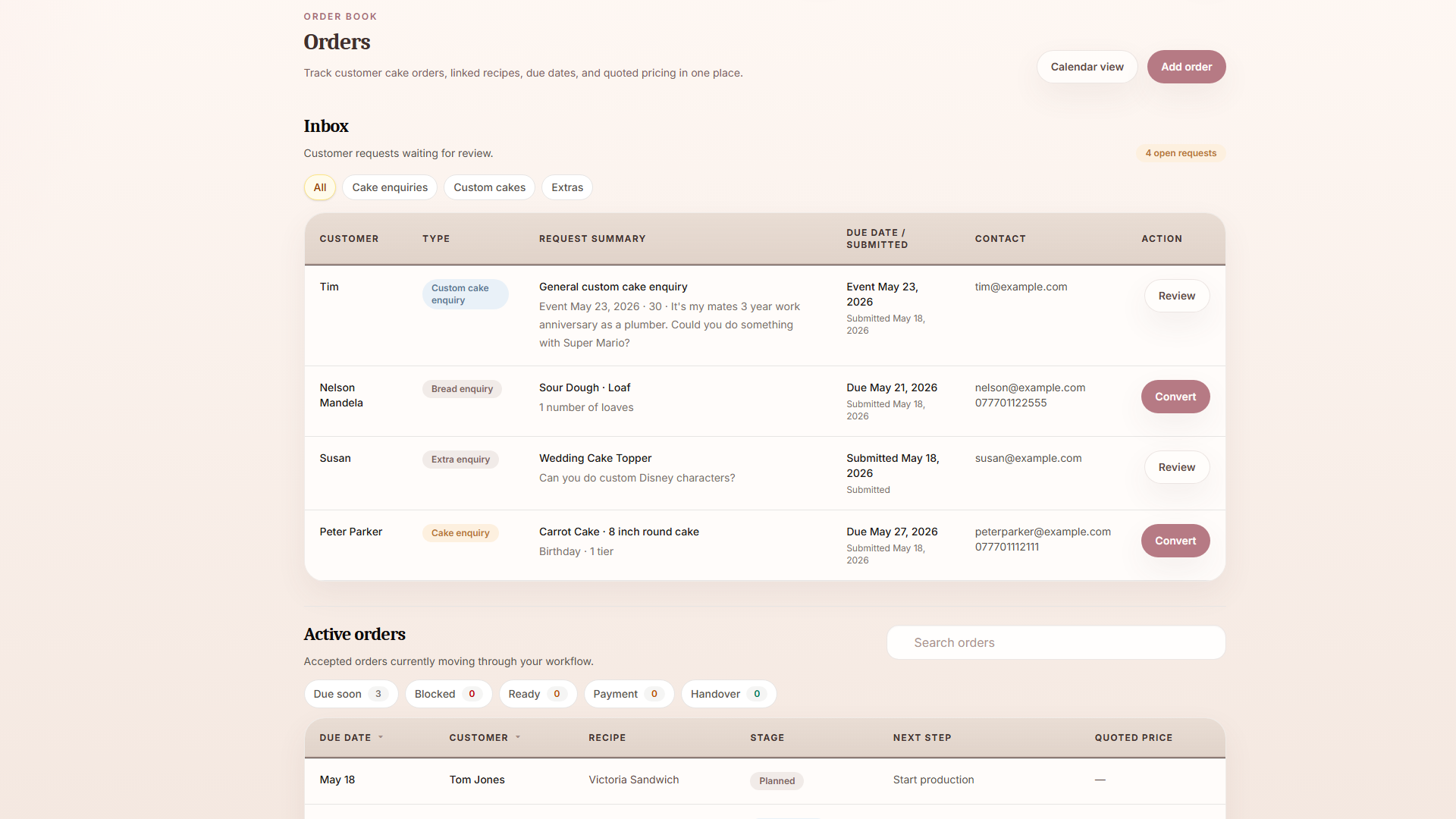 BatterBee orders inbox and active orders view
