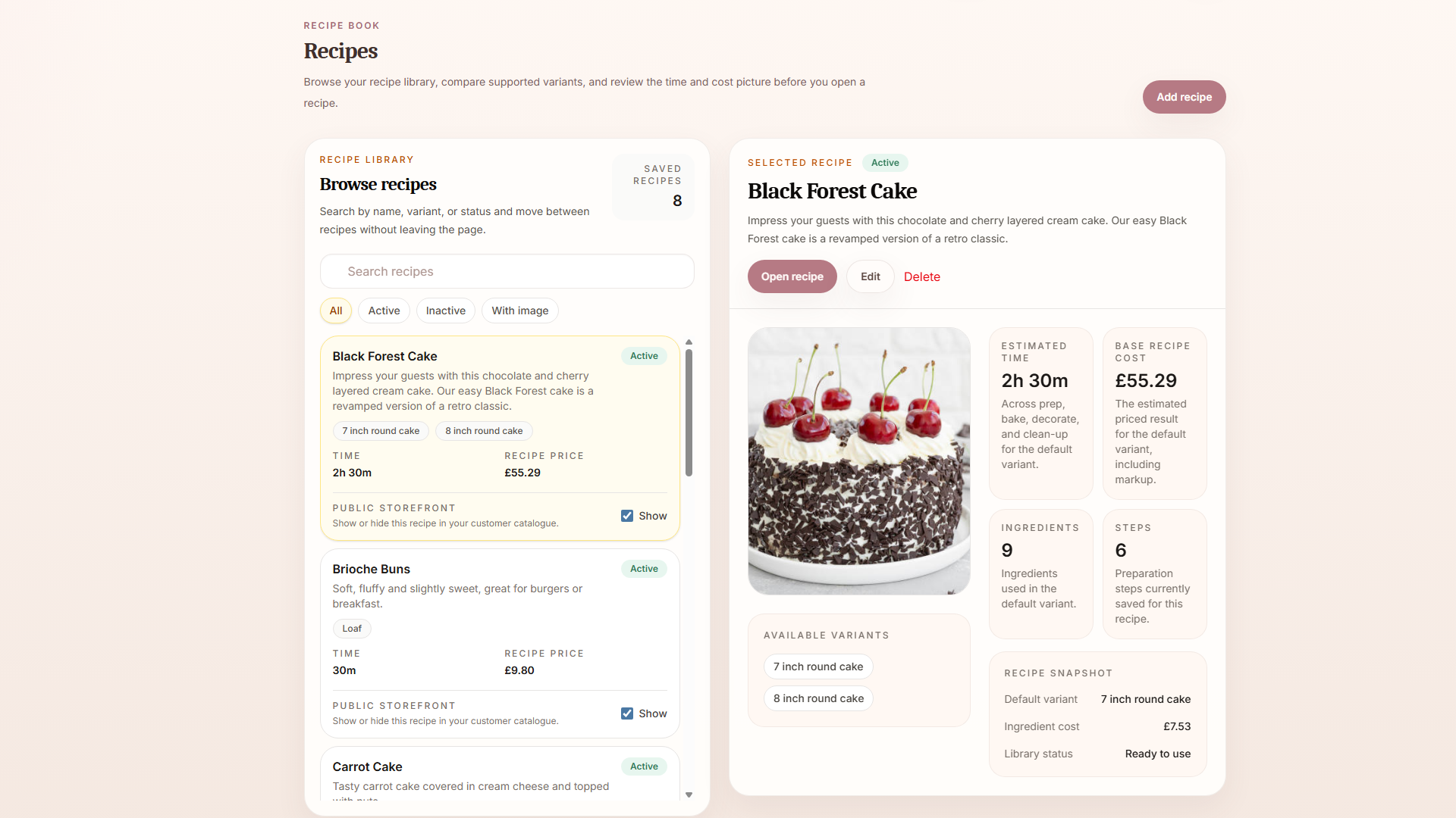 BatterBee recipe library and pricing context