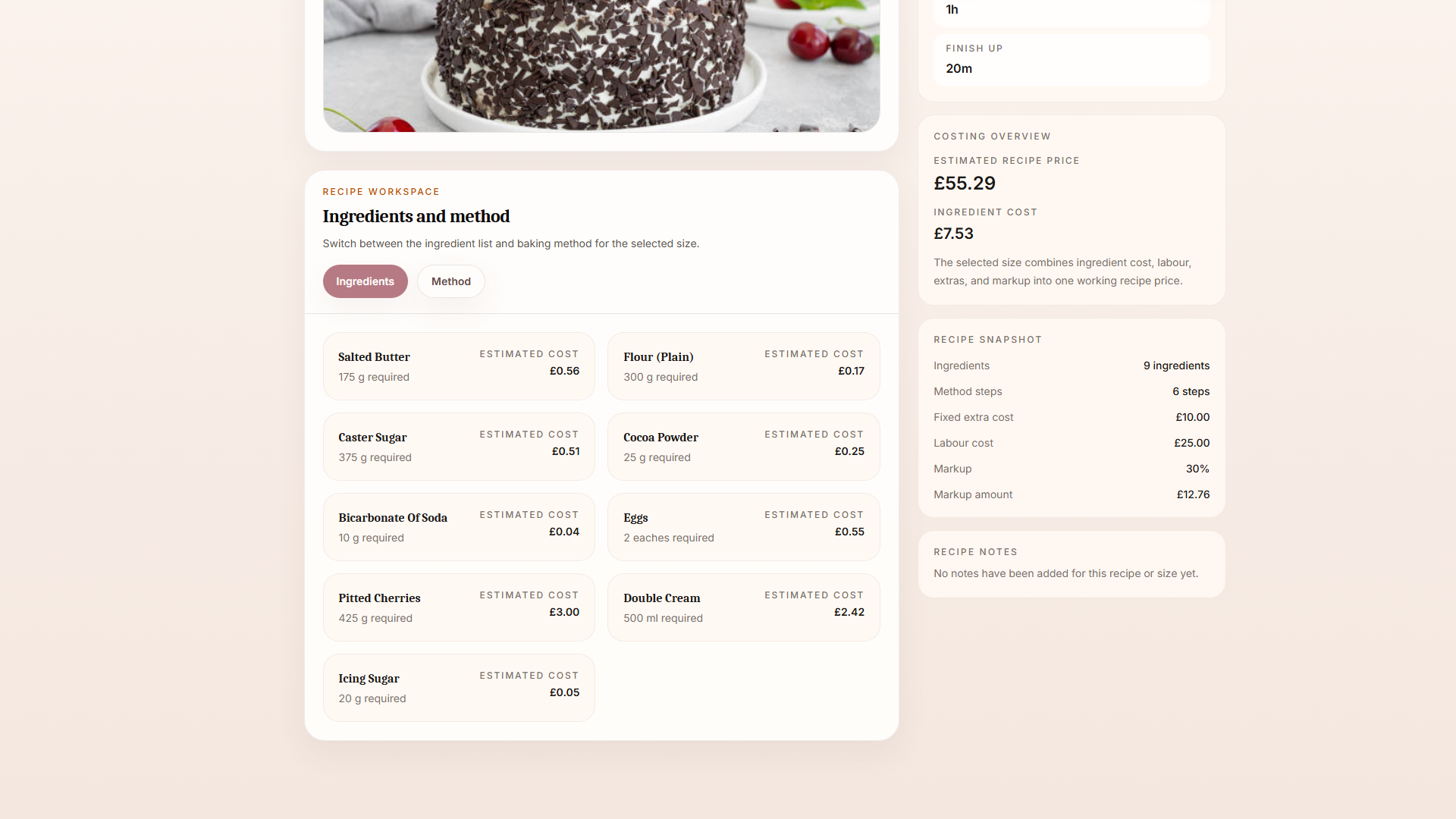 BatterBee recipe ingredients with costing
