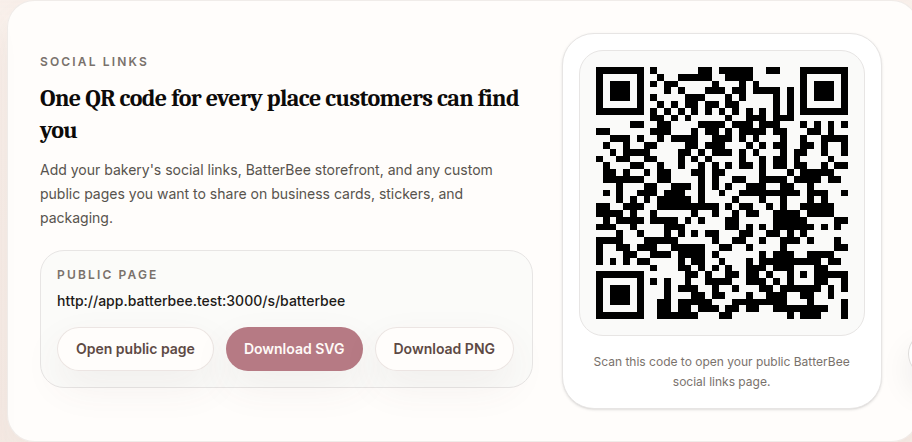 BatterBee profile showing the public bakery link and downloadable QR-code controls