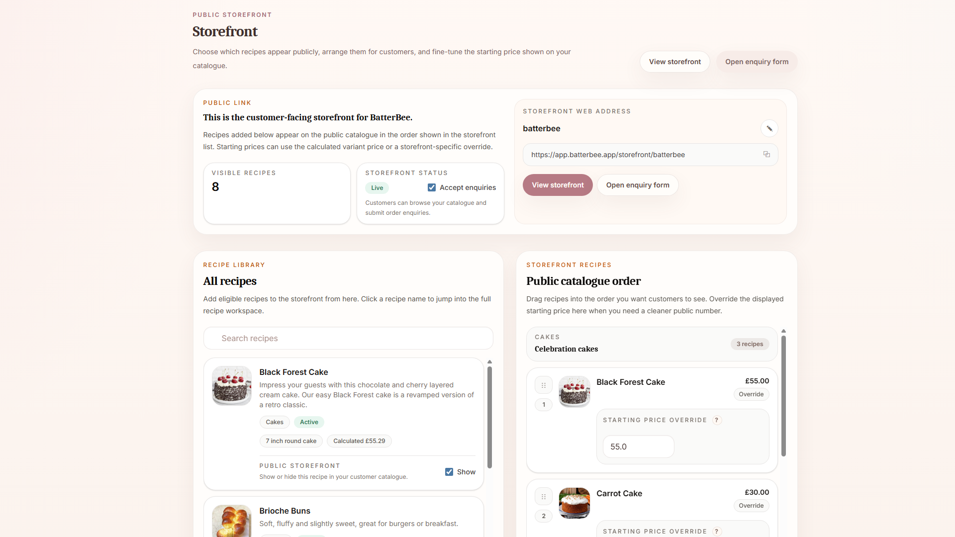 BatterBee storefront recipe management view