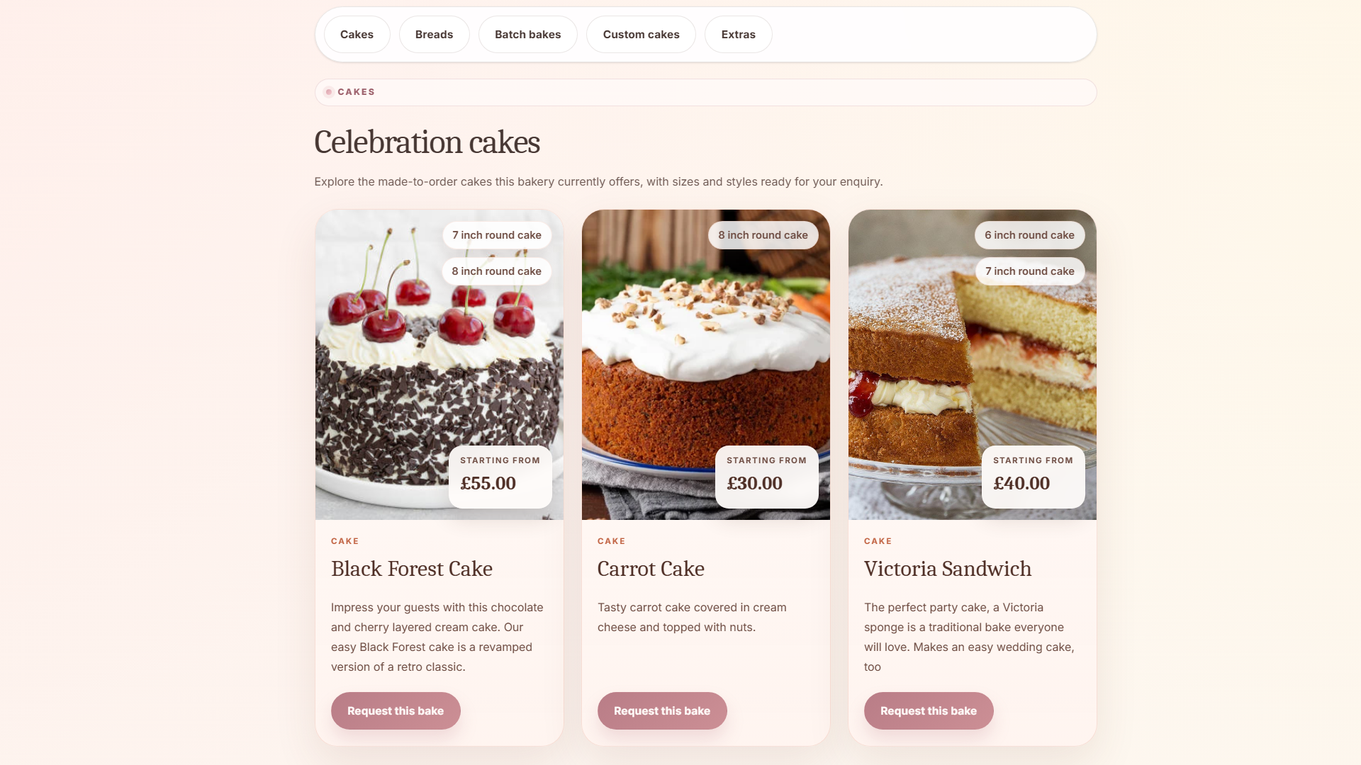 BatterBee public storefront cakes section